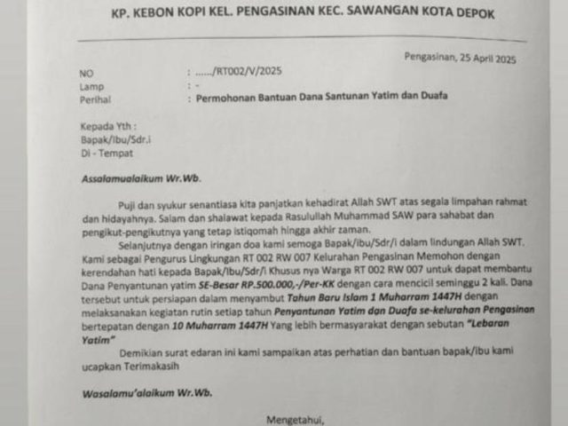 Warga Kelurahan Pengasinan Keluhkan Surat Permohoan Santunan Sebesar Rp 500 Ribu Untuk Lebaran Yatim