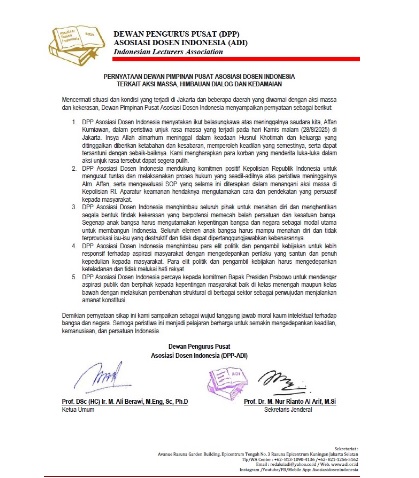 Pernyataan sikap DPP Asosiasi Dosen Indonesia