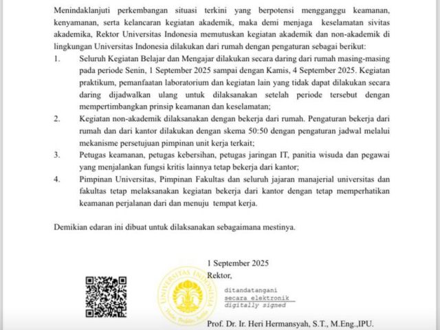 Mahasiswa UI Dilarang ke Kampus Selama 4 Hari, Belajar Secara Daring