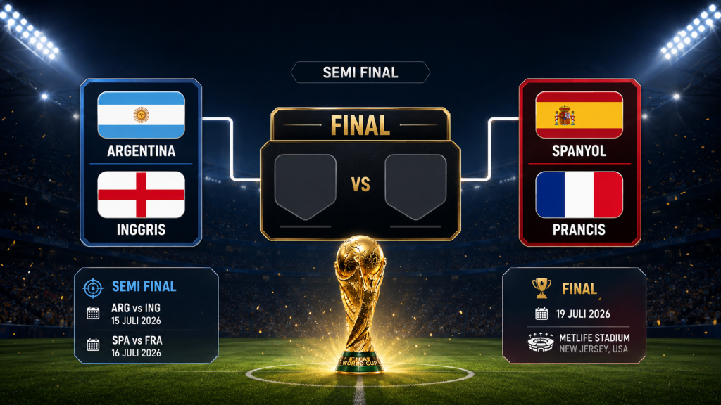 Analisis peluang final Piala Dunia 2026 antara Prancis dan Argentina menggunakan model probabilitas Opta.