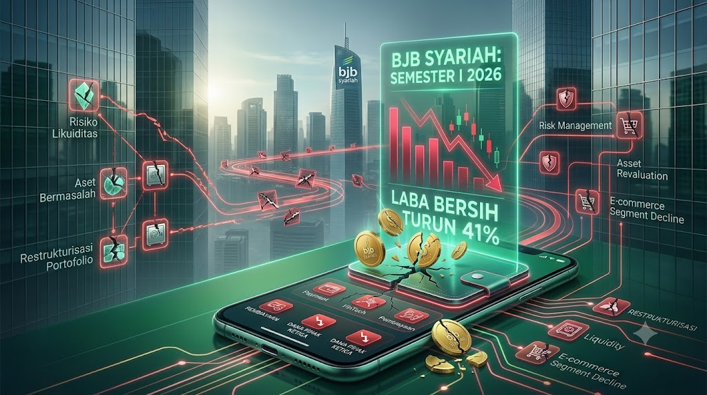 Gedung Bank BJB Syariah dengan ilustrasi grafik keuangan yang menunjukkan penurunan laba semester I 2026.