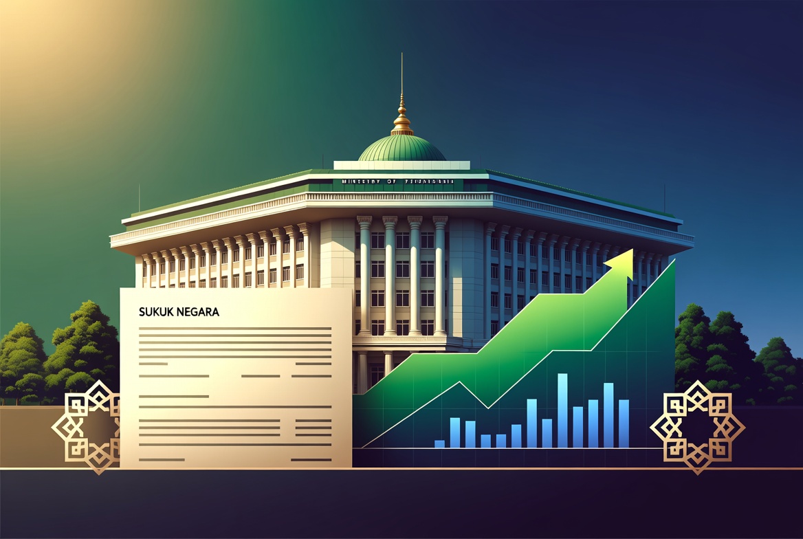 Ilustrasi Surat Berharga Syariah Negara (SBSN) atau Sukuk Negara dengan latar gedung Kementerian Keuangan dan grafik investasi.