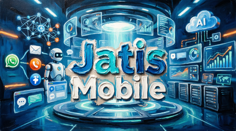 Ilustrasi logo Jatis Mobile dengan elemen Artificial Intelligence, chatbot, WhatsApp Business dan komunikasi digital yang menggambarkan kinerja PT Informasi Teknologi Indonesia Tbk semester I 2026.