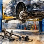 Ilustrasi bengkel kaki-kaki mobil di Depok yang melayani spooring, balancing, shockbreaker, tie rod, dan ball joint.