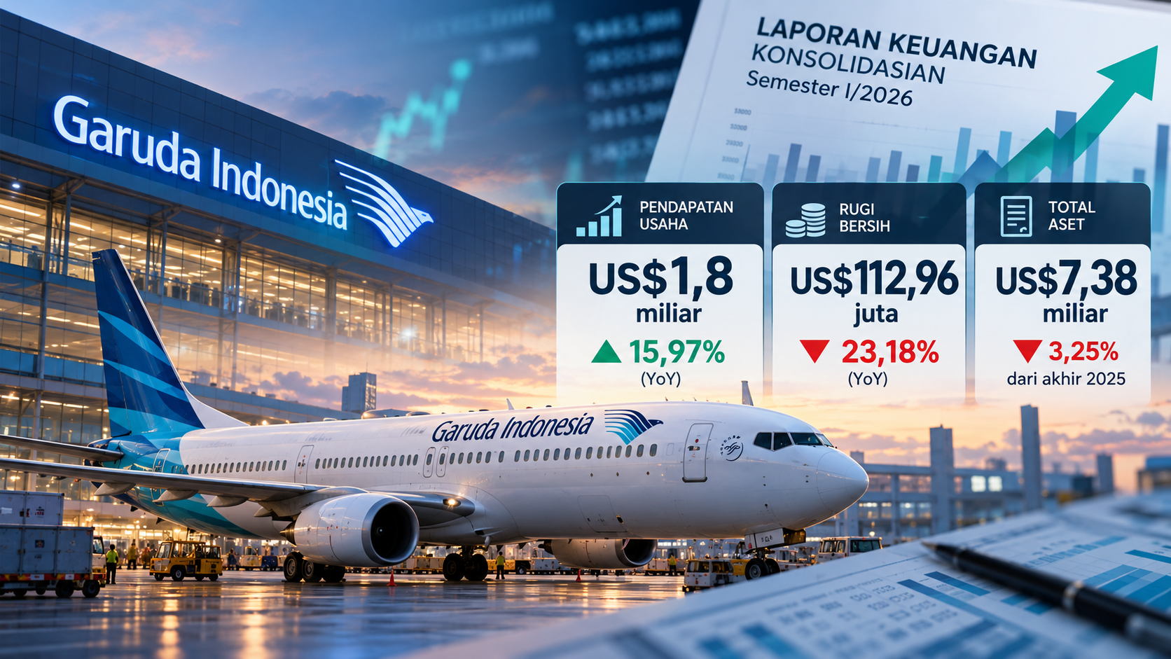 Garuda Indonesia mencatat pendapatan US$1,8 miliar dan rugi US$112,96 juta pada semester I 2026